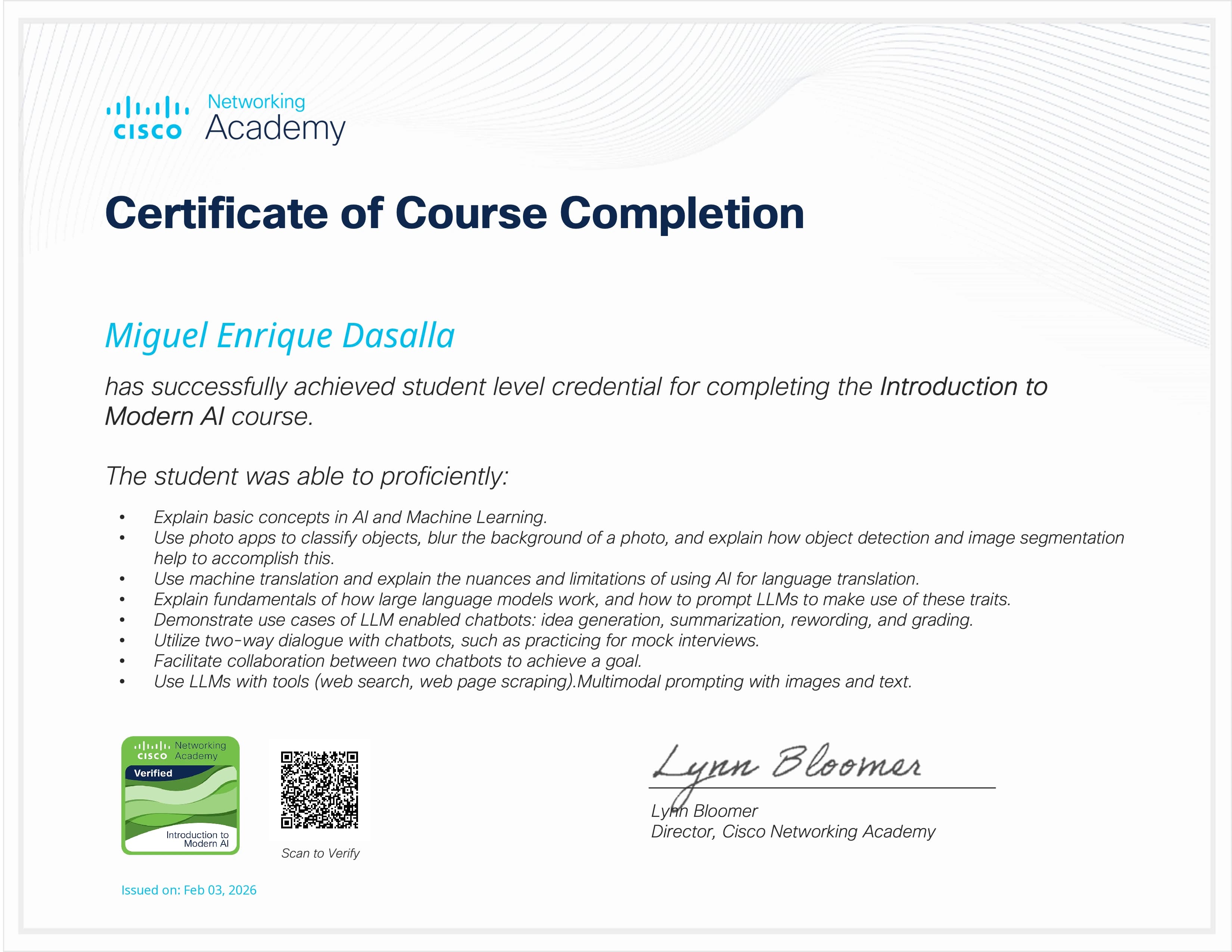 Introduction to Modern AI certificate
