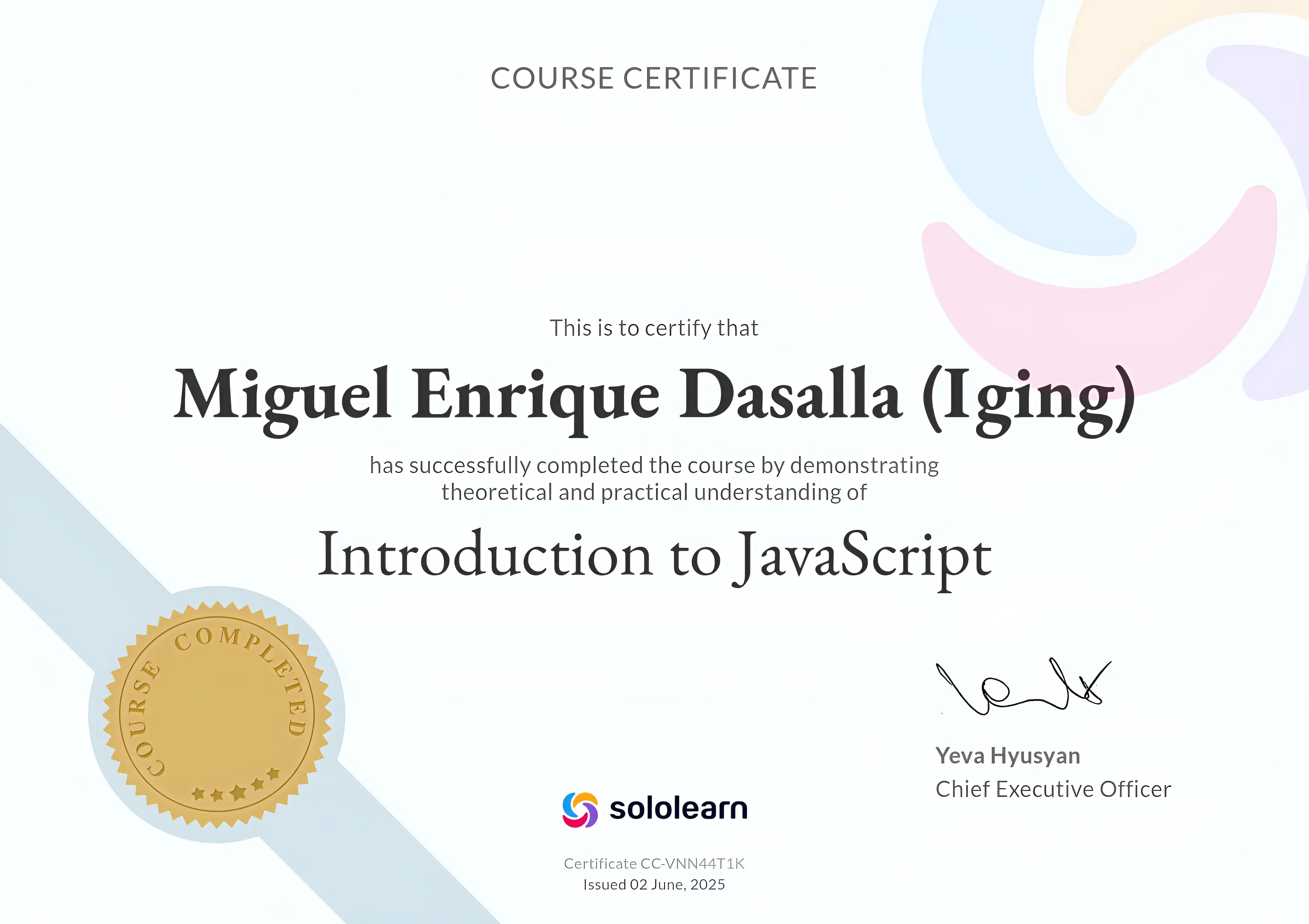 Introduction to JavaScript certificate