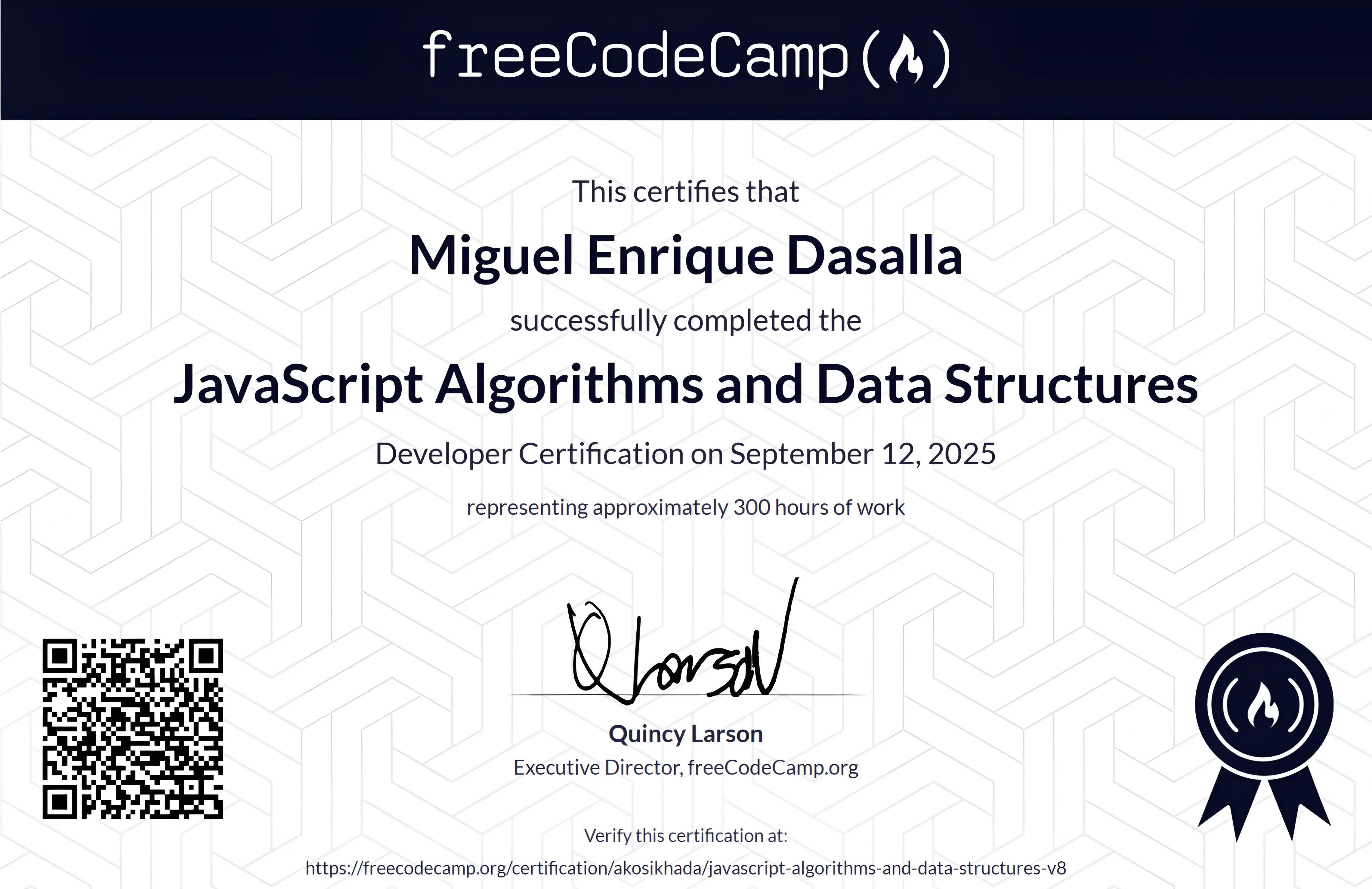 JavaScript Algorithms and Data Structures certificate