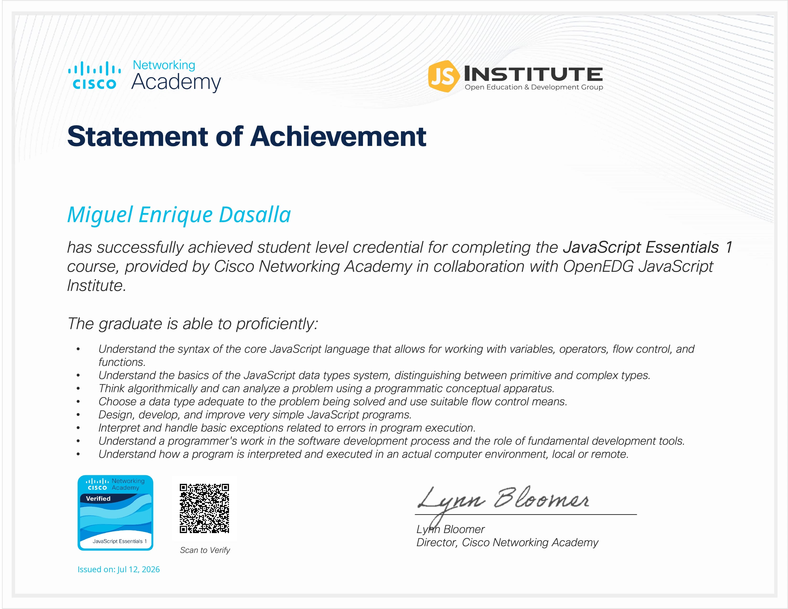 JavaScript Essentials 1 certificate