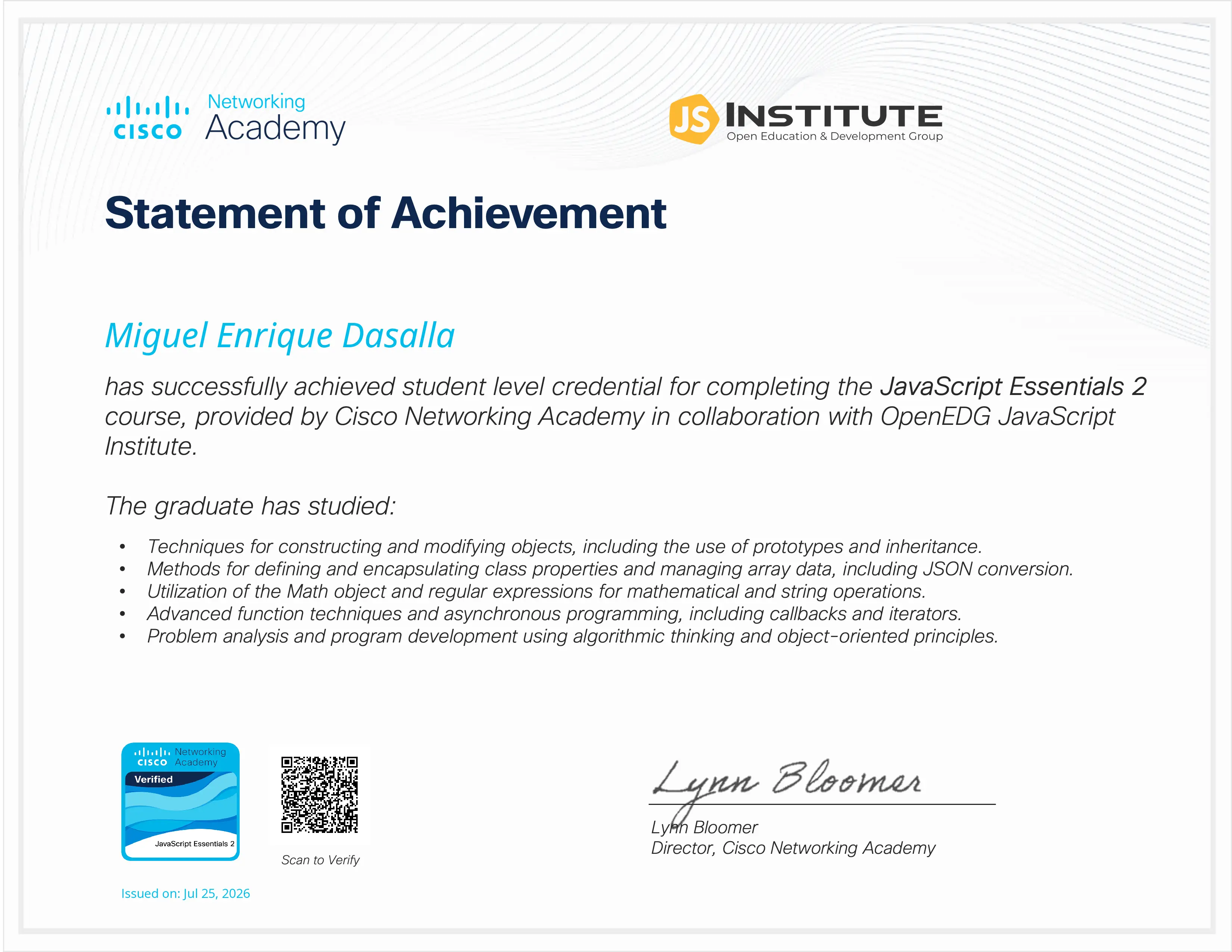 JavaScript Essentials 2 certificate