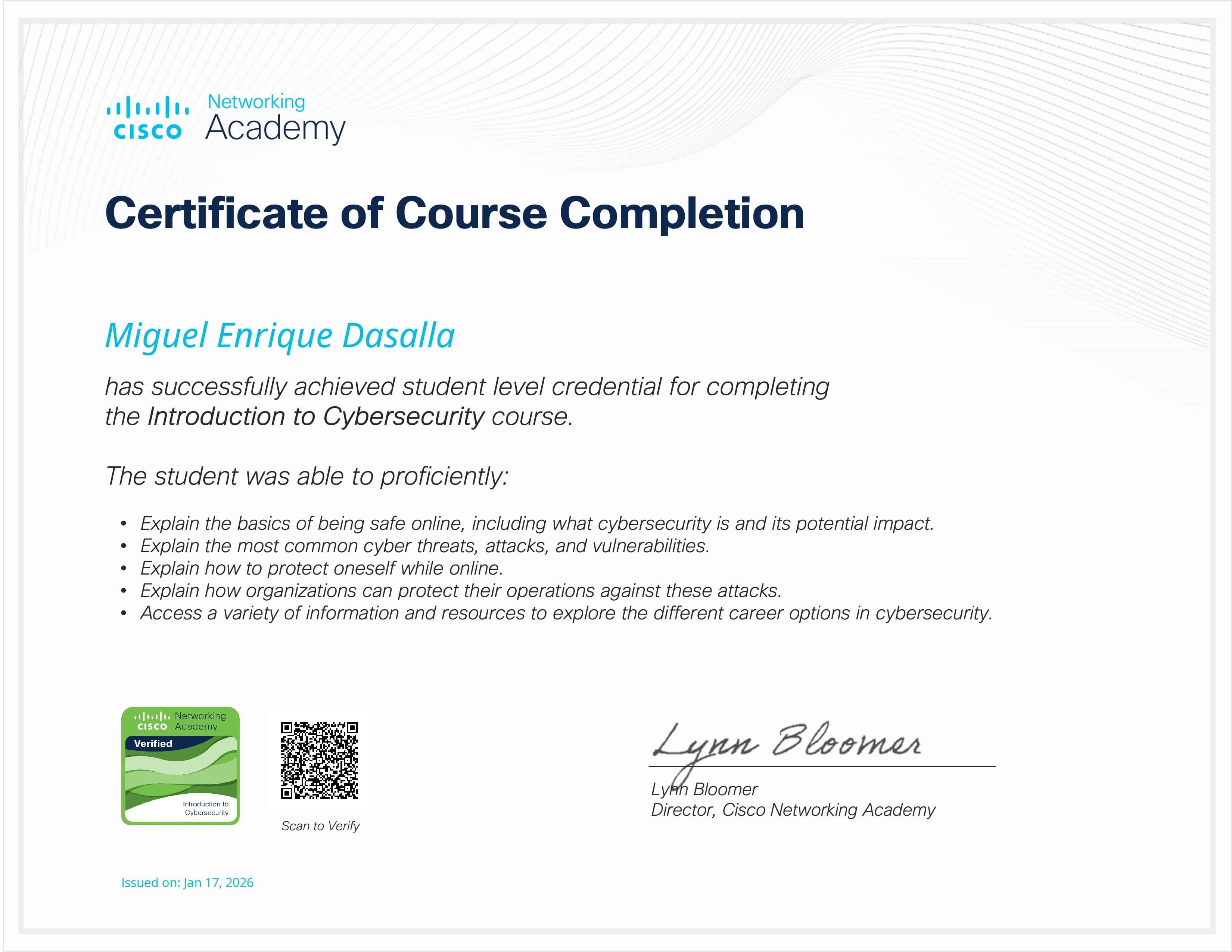 Introduction to Cybersecurity certificate